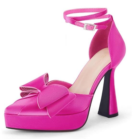 💖NWT💖 Coutgo Satin Bows Rhinestone Accent Pointed Toe Ankle Strap Heels  Size 8 - Picture 1 of 12